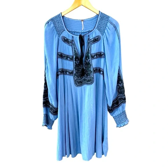 Free People Wind Willow Embroidered V-Neck Mini Dress in Blue - Picture 4 of 10
